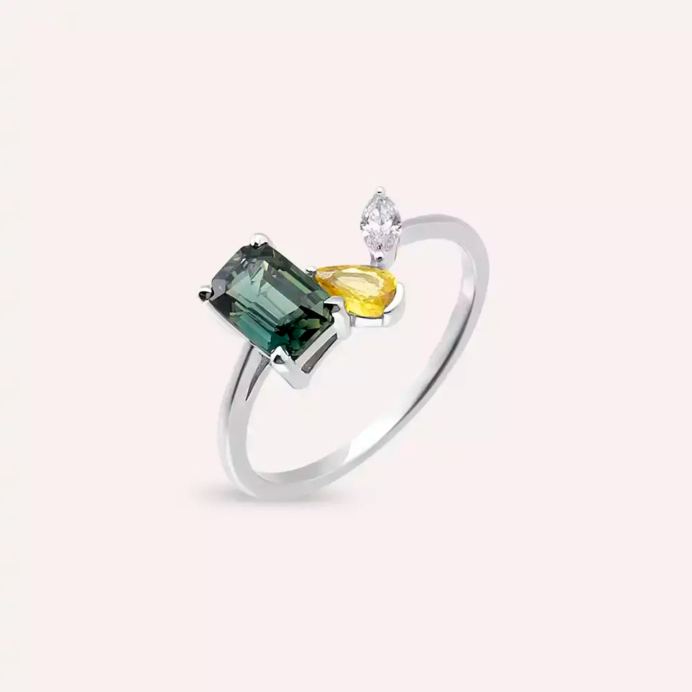 1.55 CT Multicolor Safir ve Pırlanta Taşlı Beyaz Altın Yüzük