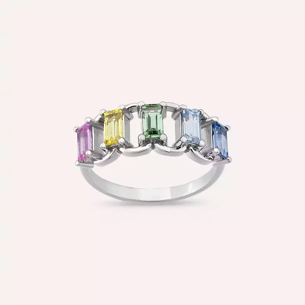 1.60 CT Multicolor Safir Taşlı Beyaz Altın Yüzük