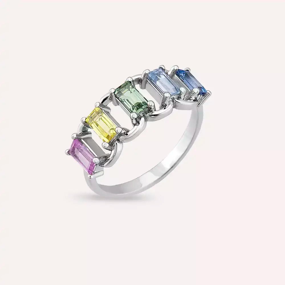 1.60 CT Multicolor Safir Taşlı Beyaz Altın Yüzük