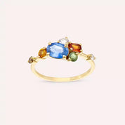 1.60 CT Multicolor Safir ve Pırlanta Taşlı Sarı Altın Yüzük