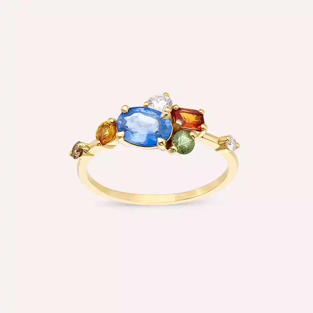 Medly 1.60 CT Multicolor Safir ve Pırlanta Taşlı Sarı Altın Yüzük