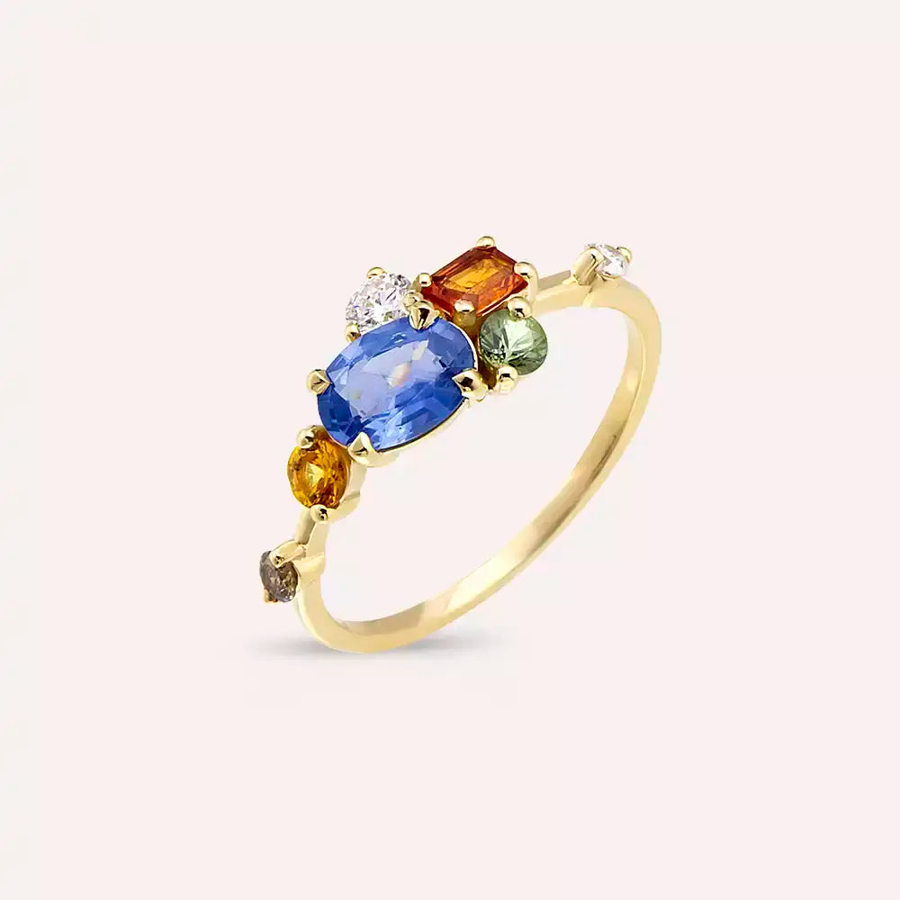 1.60 CT Multicolor Safir ve Pırlanta Taşlı Sarı Altın Yüzük