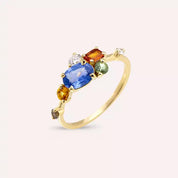 1.60 CT Multicolor Safir ve Pırlanta Taşlı Sarı Altın Yüzük