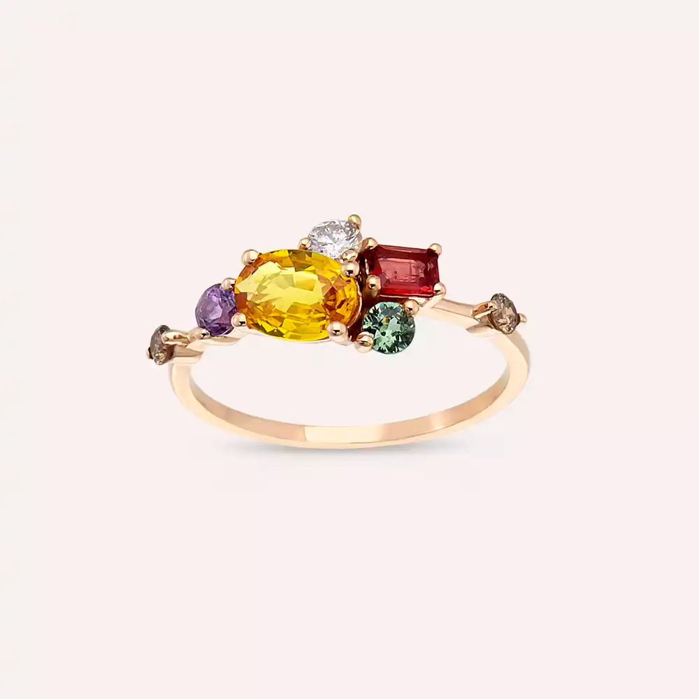 1.61 CT Multicolor Safir ve Brown Pırlanta Taşlı Rose Altın Yüzük