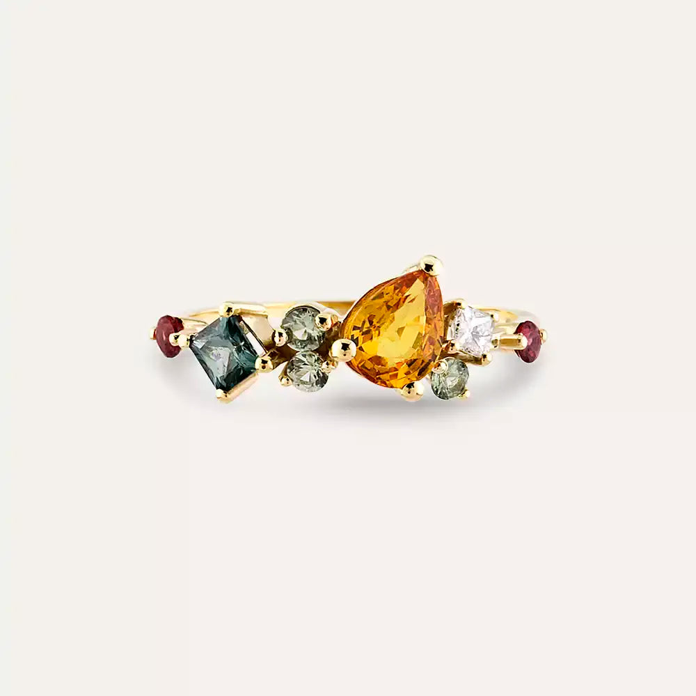 Glow 1.64 CT Multicolor Safir ve Pırlanta Taşlı Sarı Altın Yüzük