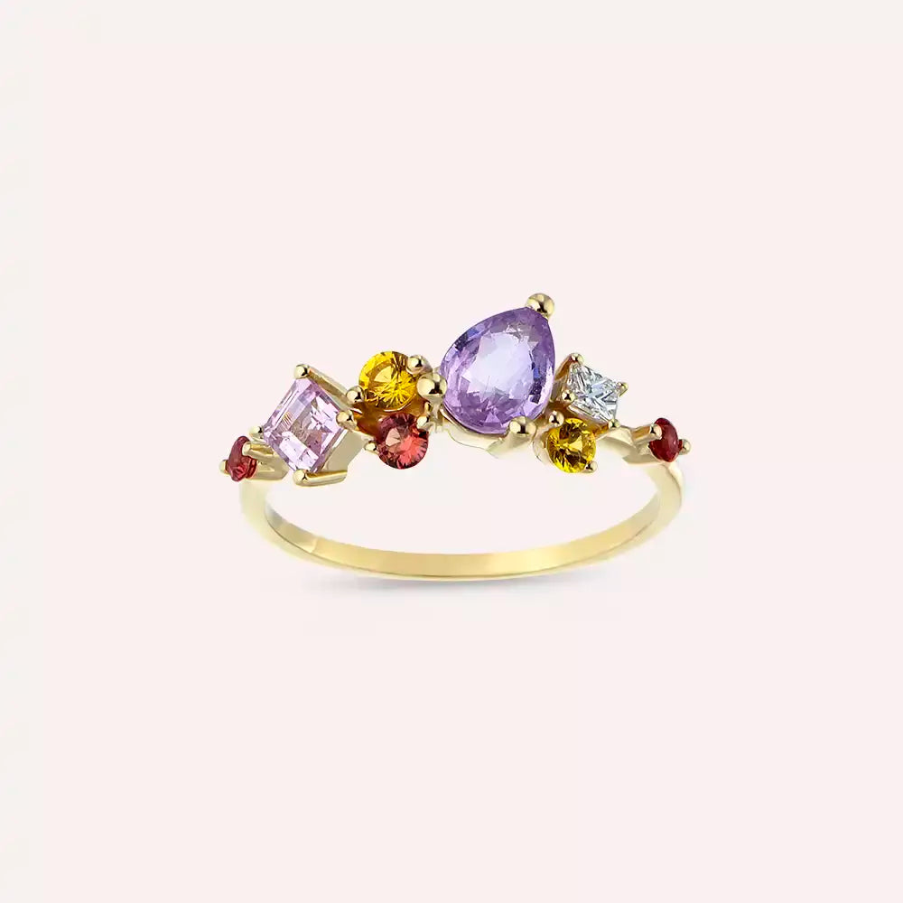 1.66 CT Multicolor Safir ve Pırlanta Taşlı Sarı Altın Yüzük