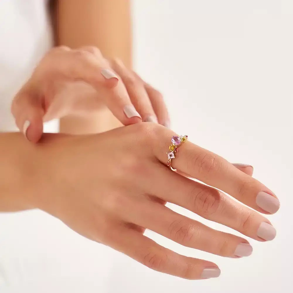 Glow 1.66 CT Multicolor Safir ve Pırlanta Taşlı Sarı Altın Yüzük
