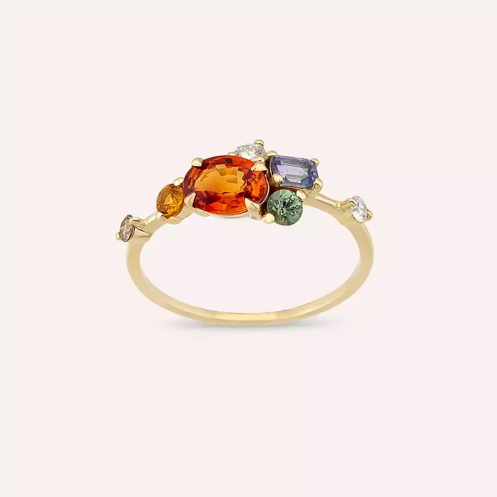 Medly 1.68 CT Multicolor Safir ve Brown Pırlanta Taşlı Sarı Altın Yüzük