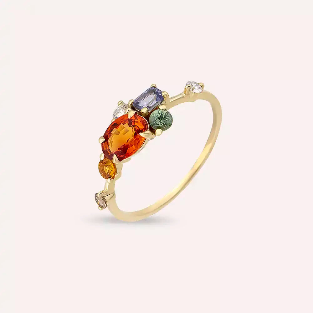 Medly 1.68 CT Multicolor Safir ve Brown Pırlanta Taşlı Sarı Altın Yüzük