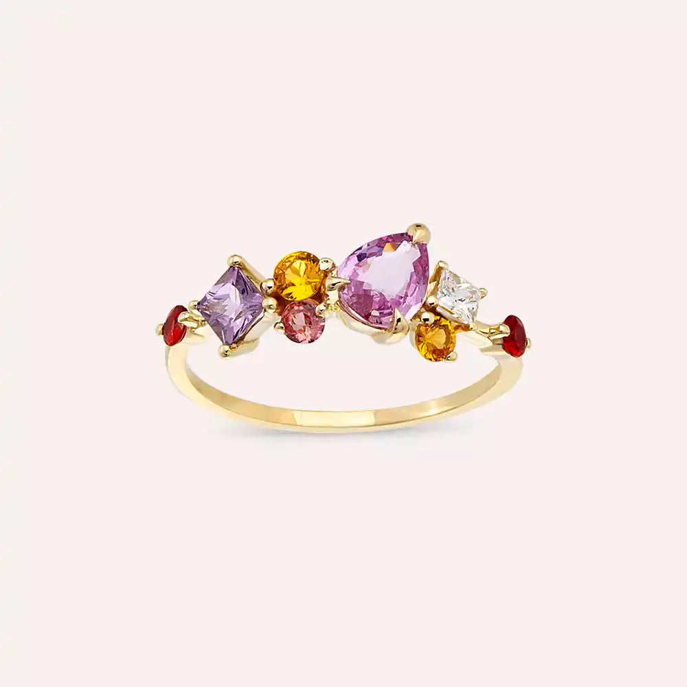 Glow 1.82 CT Multicolor Safir ve Pırlanta Taşlı Sarı Altın Yüzük