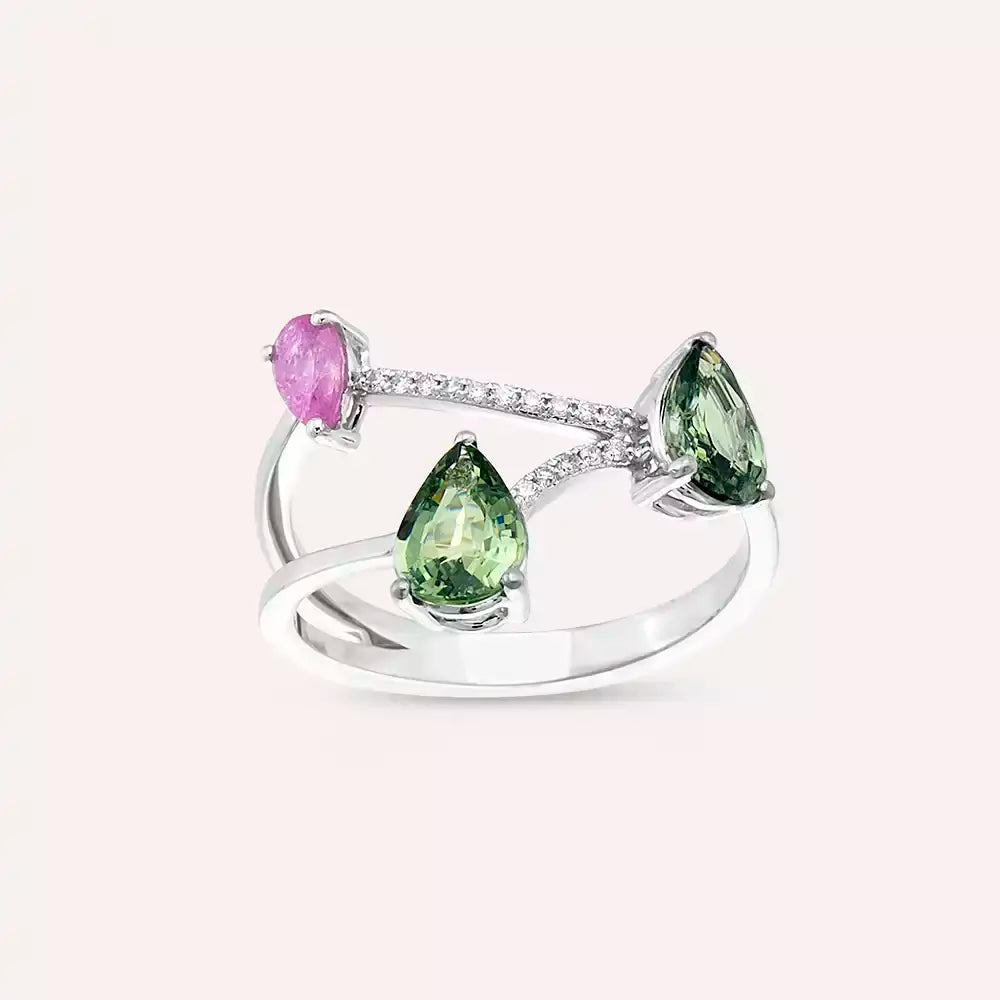 1.99 CT Multicolor Safir ve Pırlanta Taşlı Beyaz Altın Yüzük