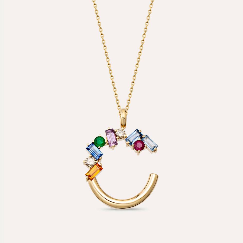 2.21 CT Yakut, Zümrüt ve Multicolor Safir Taşlı C Harf Kolye