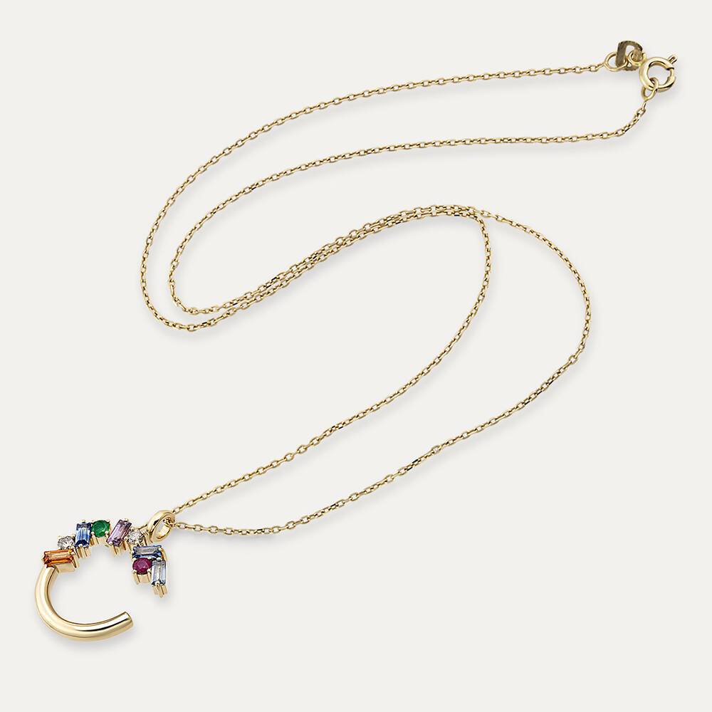 2.21 CT Yakut, Zümrüt ve Multicolor Safir Taşlı C Harf Kolye