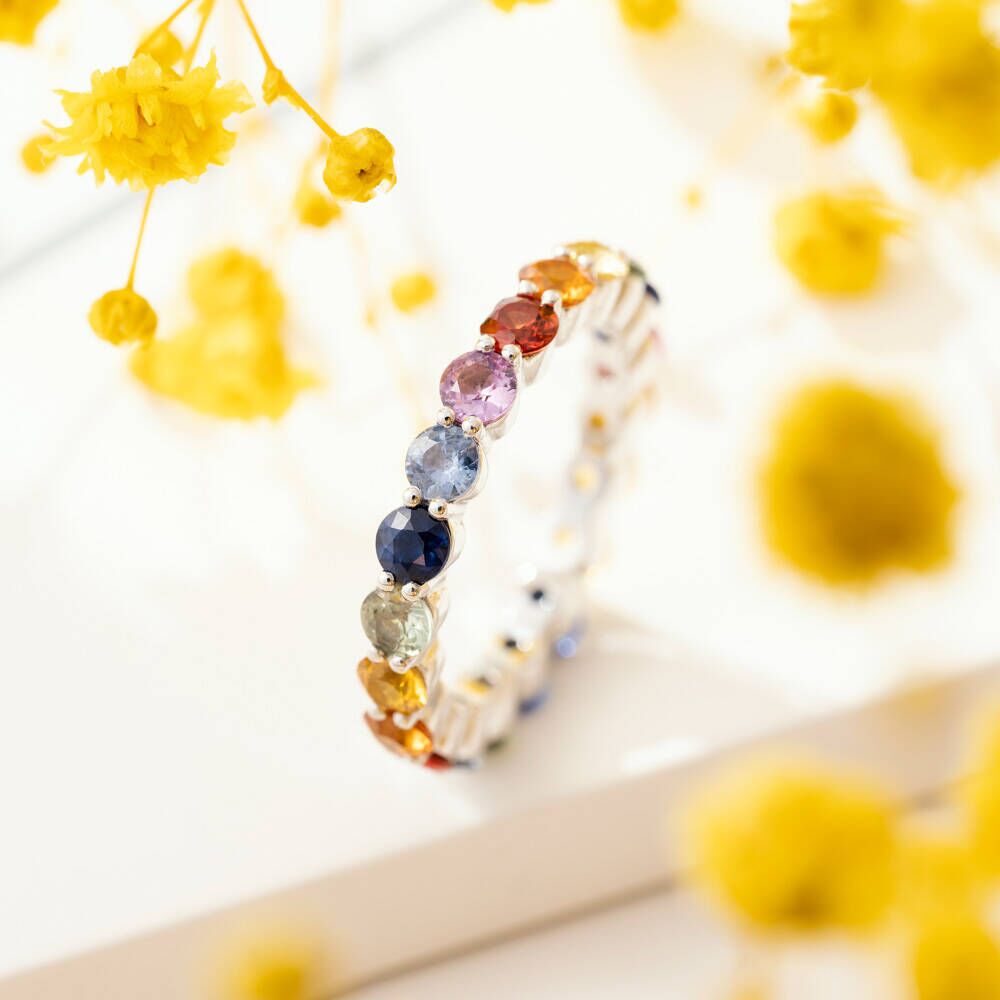 3.38 CT Multicolor Safir Taşlı Tamtur Beyaz Altın Yüzük