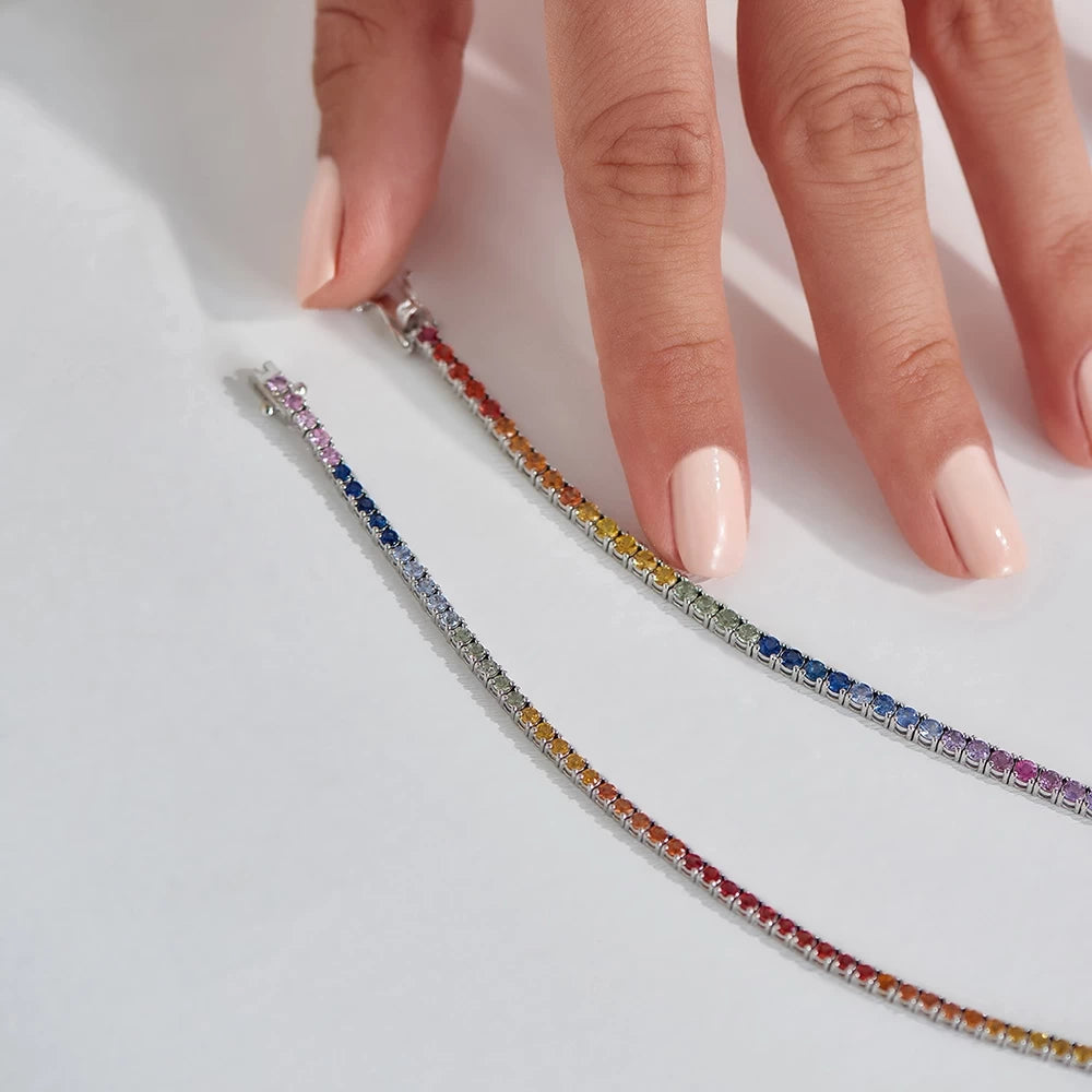 5.55 CT Multicolor Safir Taşlı Beyaz Altın Suyolu Bileklik