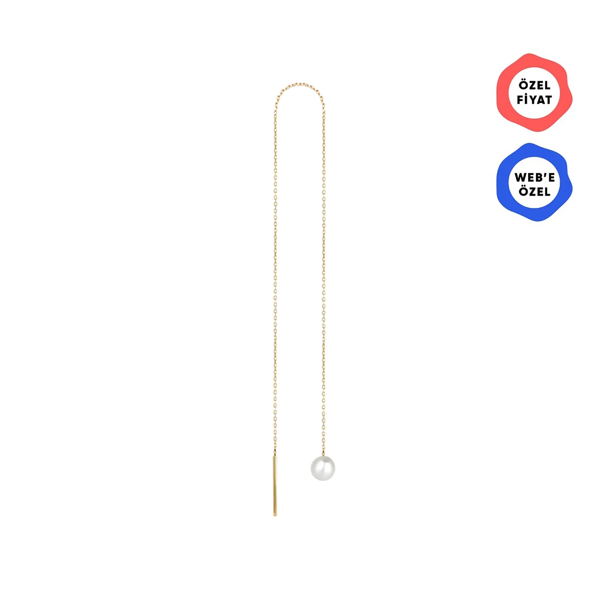 Minimal İncili Zincir Tek Altın Küpe