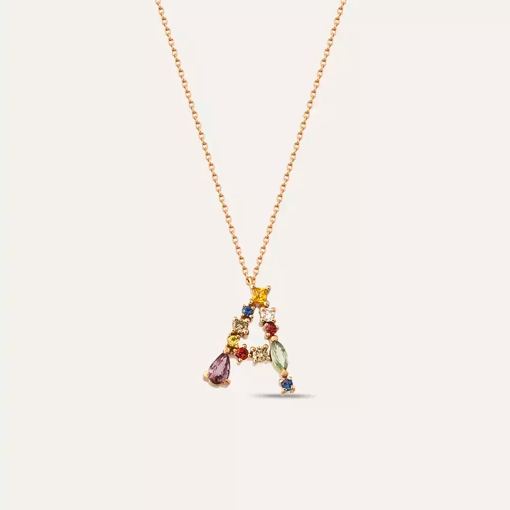 A Harf Brown Pırlanta ve Multicolor Safir Taşlı Rose Altın Kolye