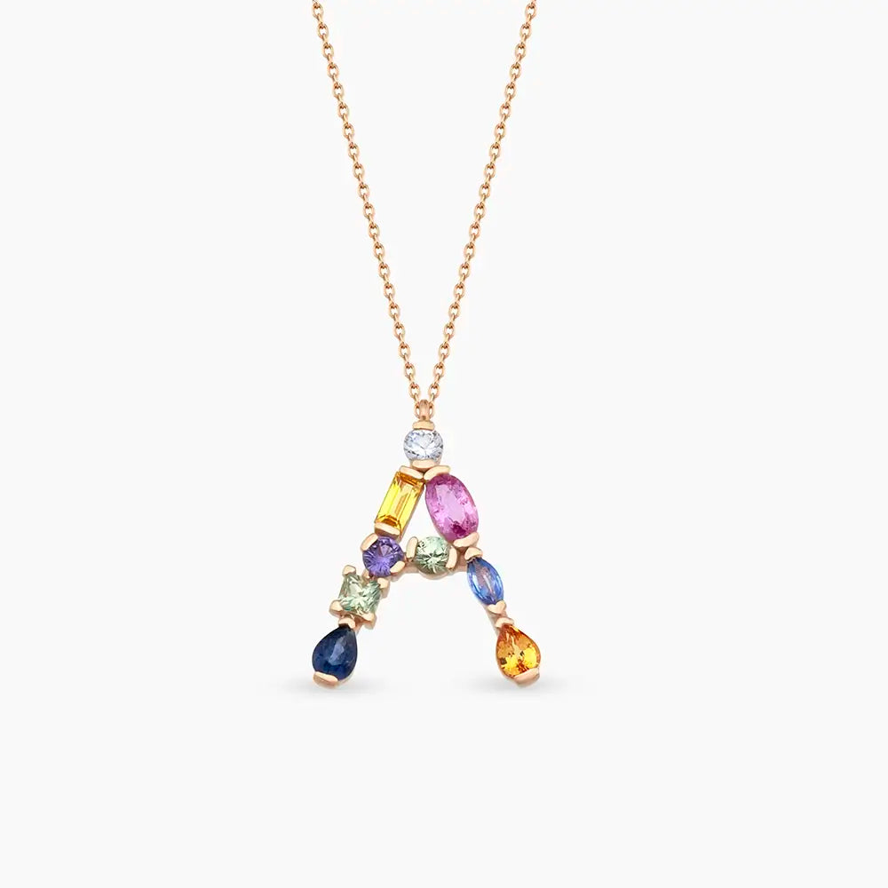 A Harf Multicolor Safir Taşlı Rose Altın Kolye