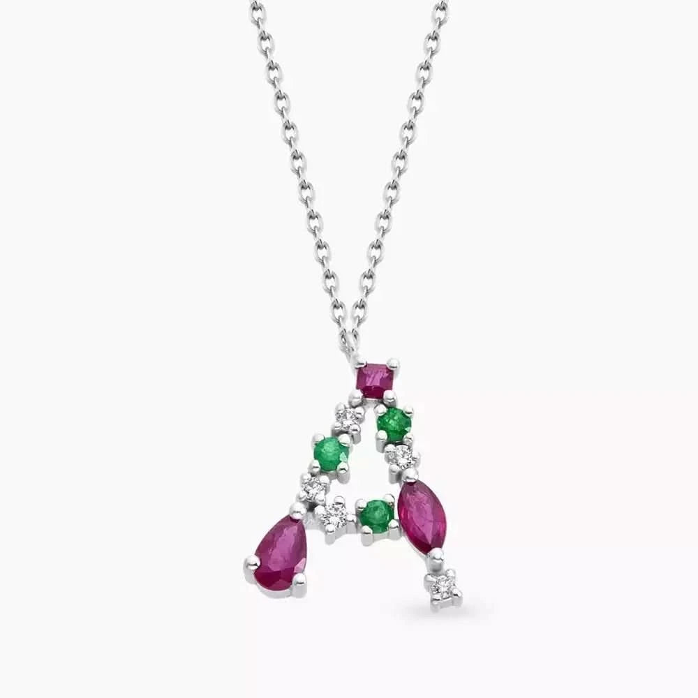 A Harf Yakut, Zümrüt ve Pırlanta Taşlı Beyaz Altın Kolye