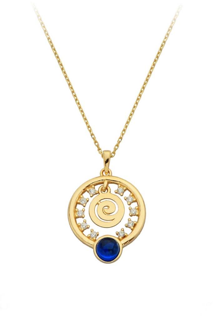 Altın Lacivert Taşlı Spiral Halka Kolye