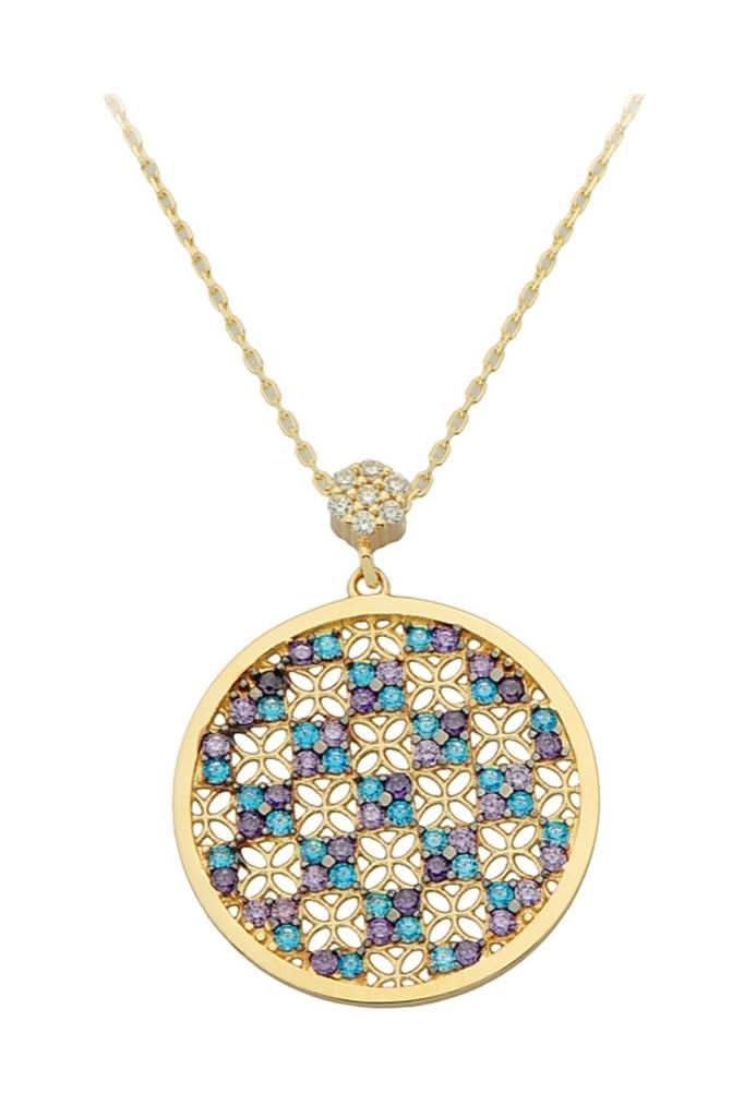 Altın Renkli Taşlı Yaşam Çiçeği Kolye