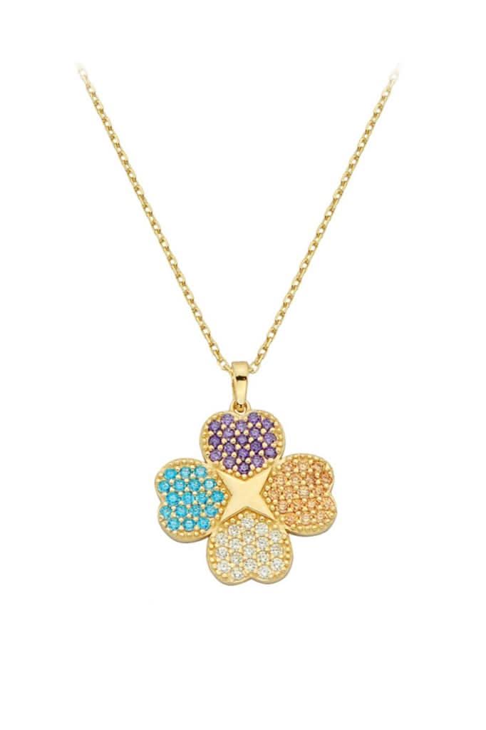 Altın Renkli Taşlı Yonca Kolye