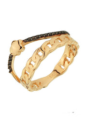 Altın Siyah Taşlı Çiçekli Yüzük