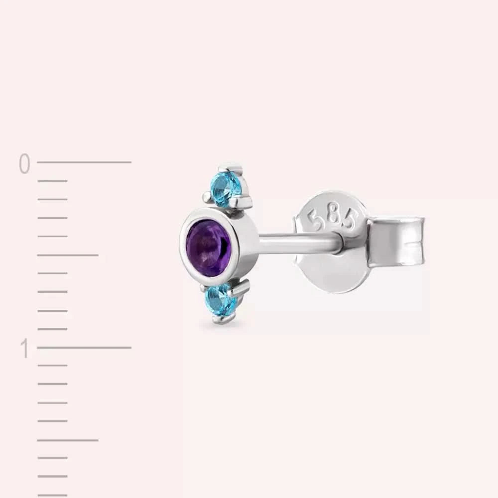 Andy Ametist ve Blue Topaz Taşlı Beyaz Altın Tek Küpe