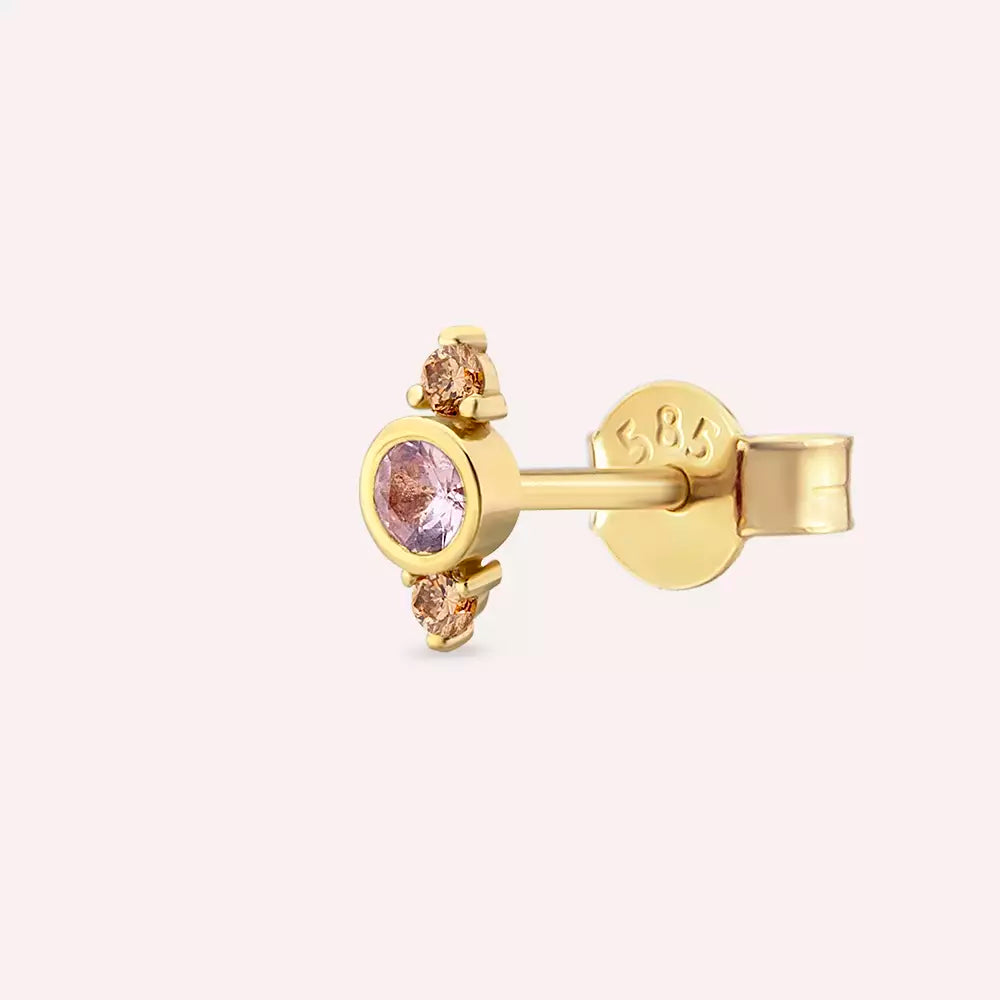 Andy Pink Safir ve Brown Pırlanta Taşlı Sarı Altın Tek Küpe