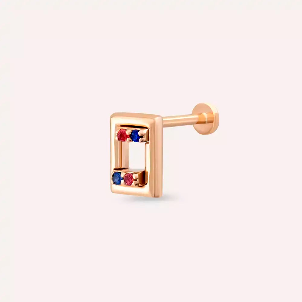 Angled Blue ve Red Safir Taşlı Rose Altın Piercing