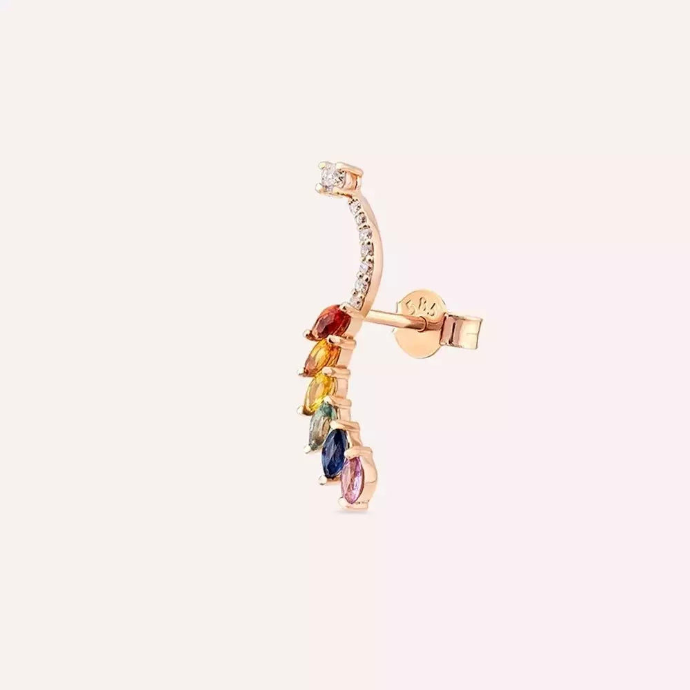 Ava Multicolor Safir ve Pırlanta Taşlı Rose Altın Tek Küpe