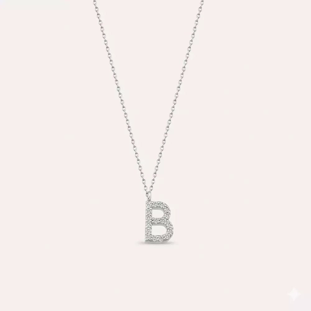 B Harf 0.09 CT Pırlanta Taşlı Beyaz Altın Kolye