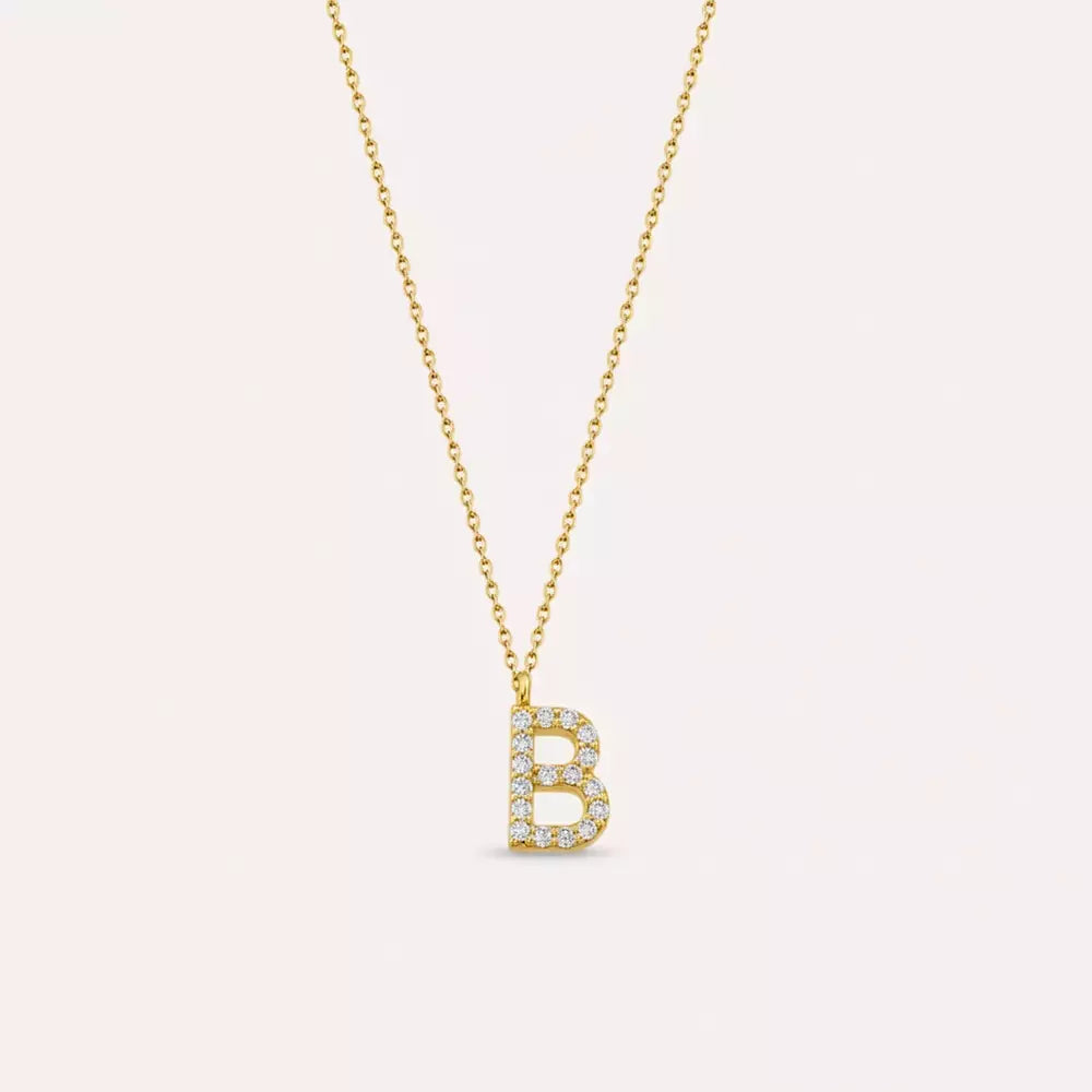 B Harf 0.09 CT Pırlanta Taşlı Sarı Altın Kolye