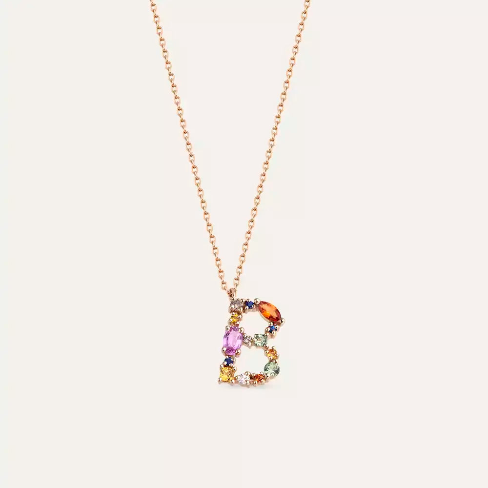 B Harf Brown Pırlanta ve Multicolor Safir Taşlı Rose Altın Kolye