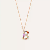B Harf Brown Pırlanta ve Multicolor Safir Taşlı Rose Altın Kolye