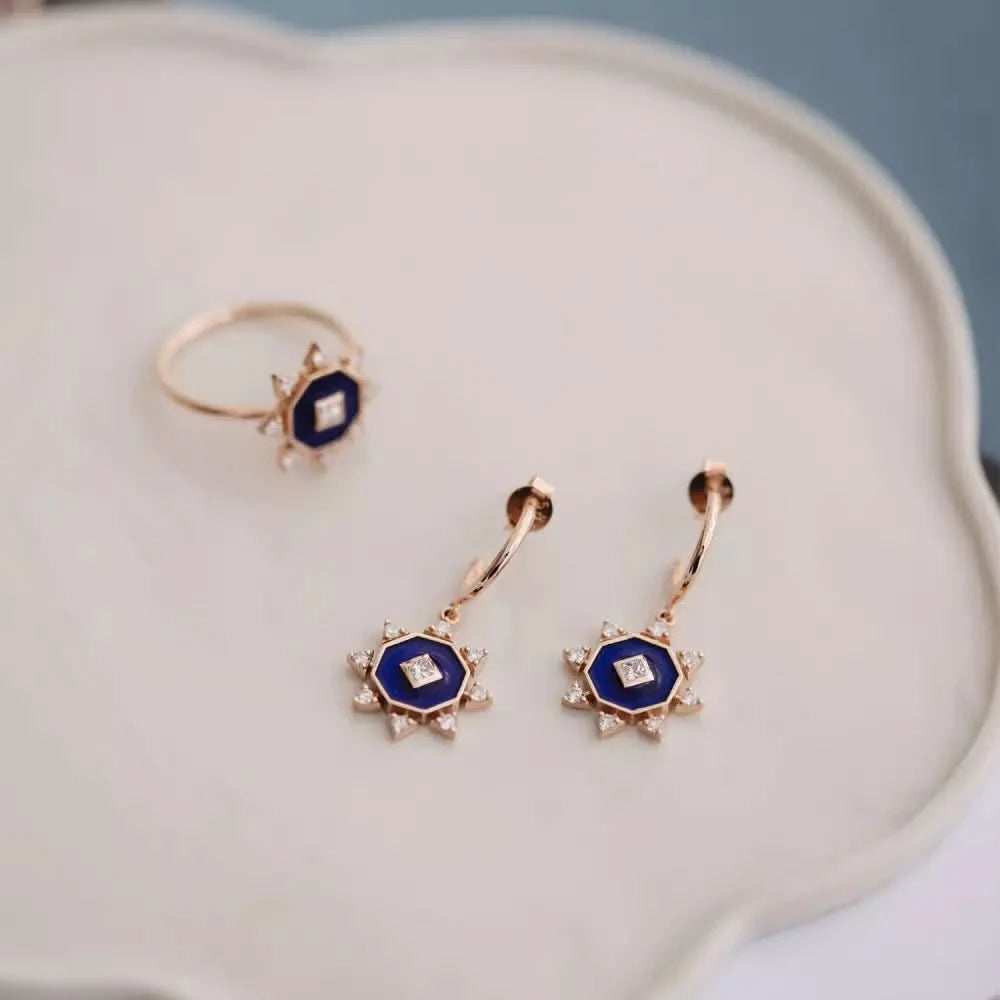 Bellatrix Pırlanta Taşlı ve Lacivert Mineli Küpe