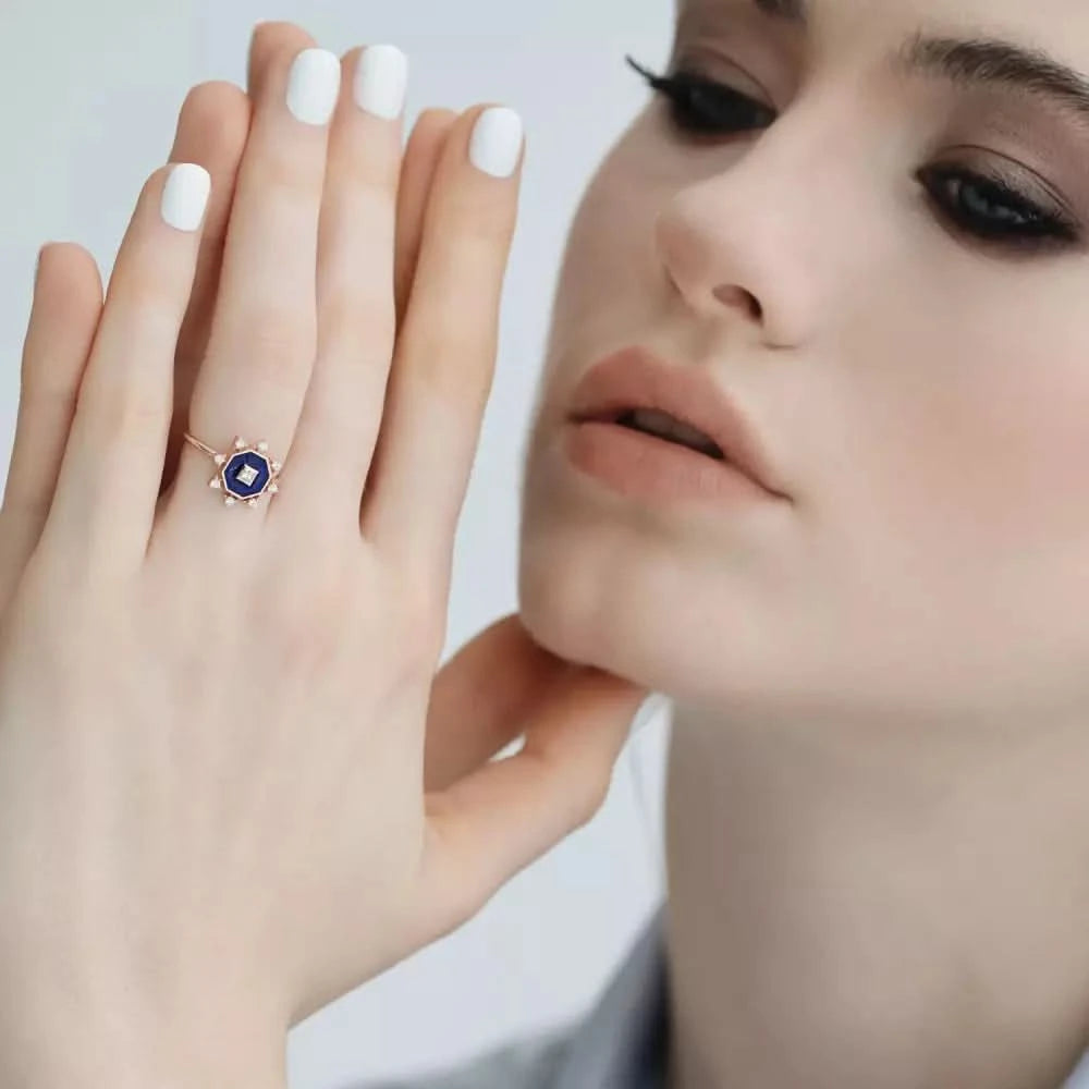 Bellatrix Pırlanta Taşlı ve Lacivert Mineli Yüzük