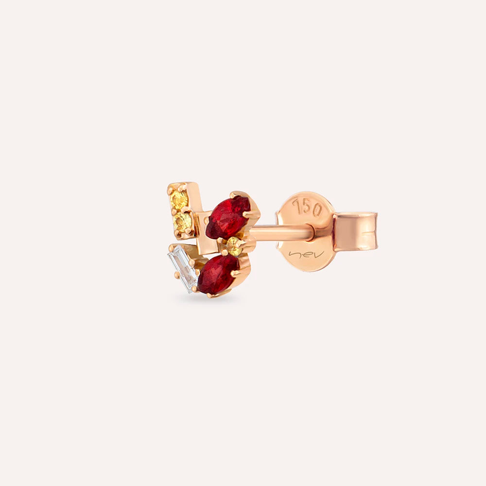 Berry Red Safir ve Baget Pırlanta Taşlı Rose Altın Tek Küpe