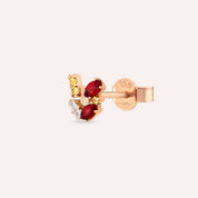Berry Red Safir ve Baget Pırlanta Taşlı Rose Altın Tek Küpe