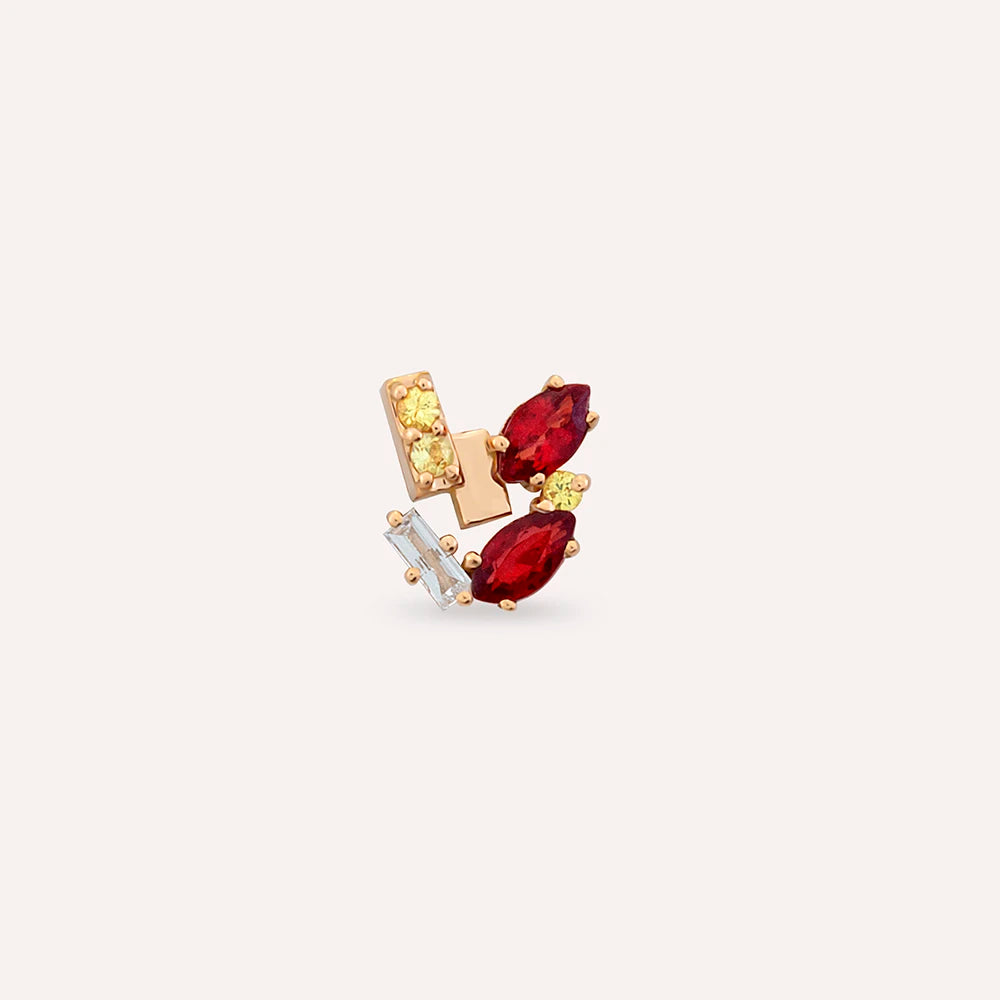 Berry Red Safir ve Baget Pırlanta Taşlı Rose Altın Tek Küpe
