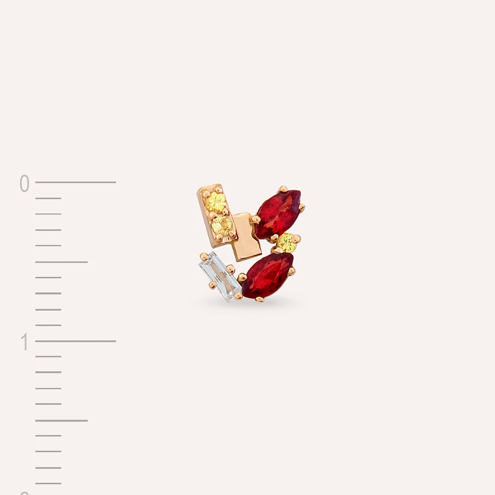 Berry Red Safir ve Baget Pırlanta Taşlı Rose Altın Tek Küpe