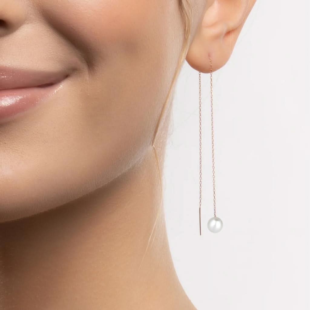 Minimal İncili Zincir Tek Altın Küpe