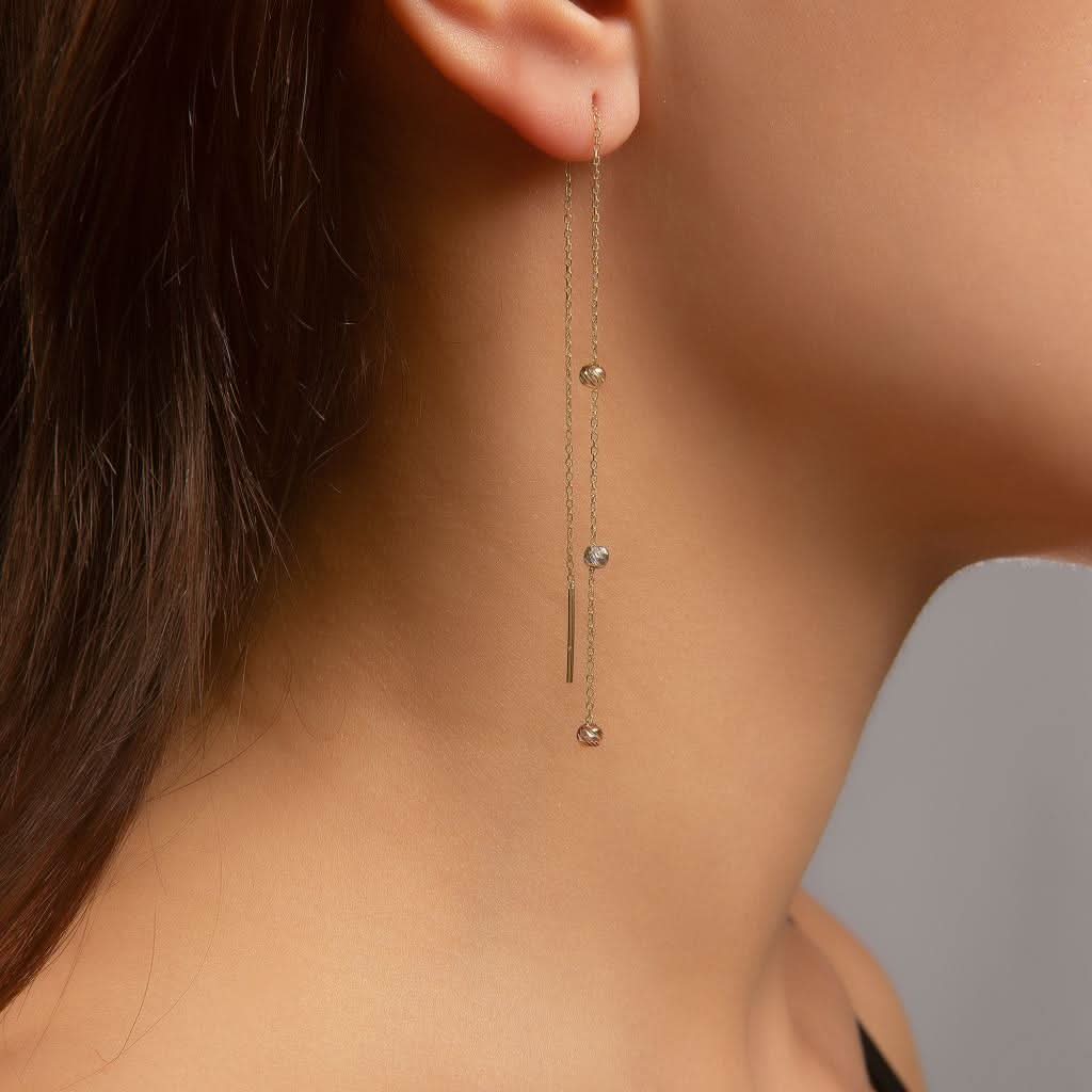 Üç Adet Renkli Dorika Top Sallantılı Zincir Tek Altın Küpe