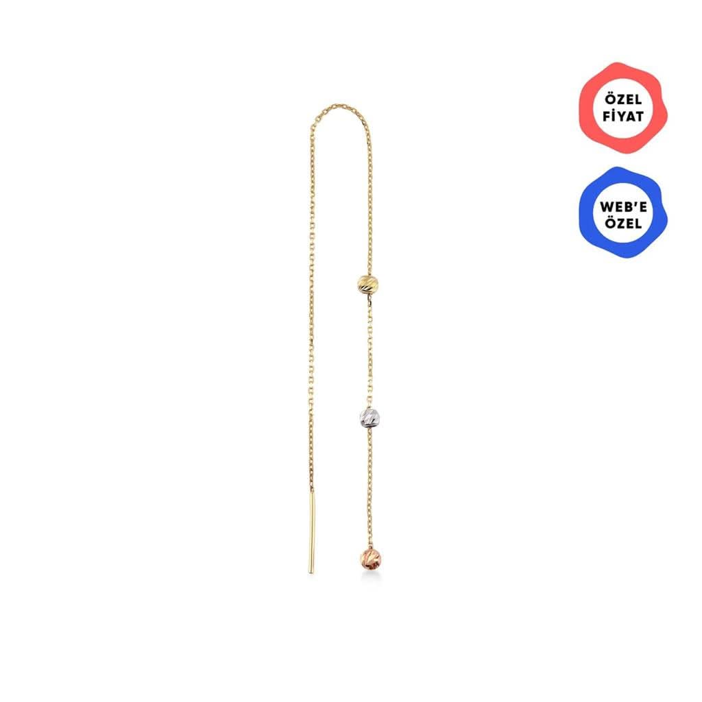 Üç Adet Renkli Dorika Top Sallantılı Zincir Tek Altın Küpe
