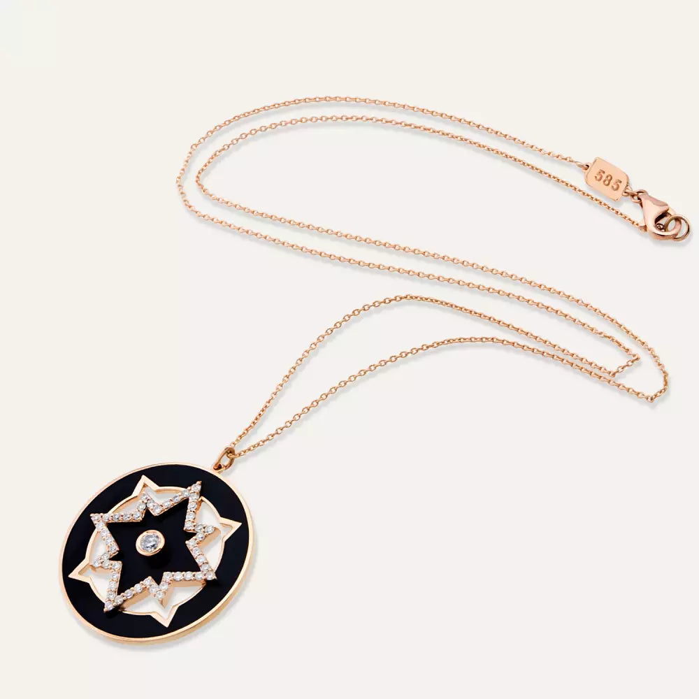 Medallion Pırlanta Taşlı ve Siyah Mineli Rose Altın Kolye