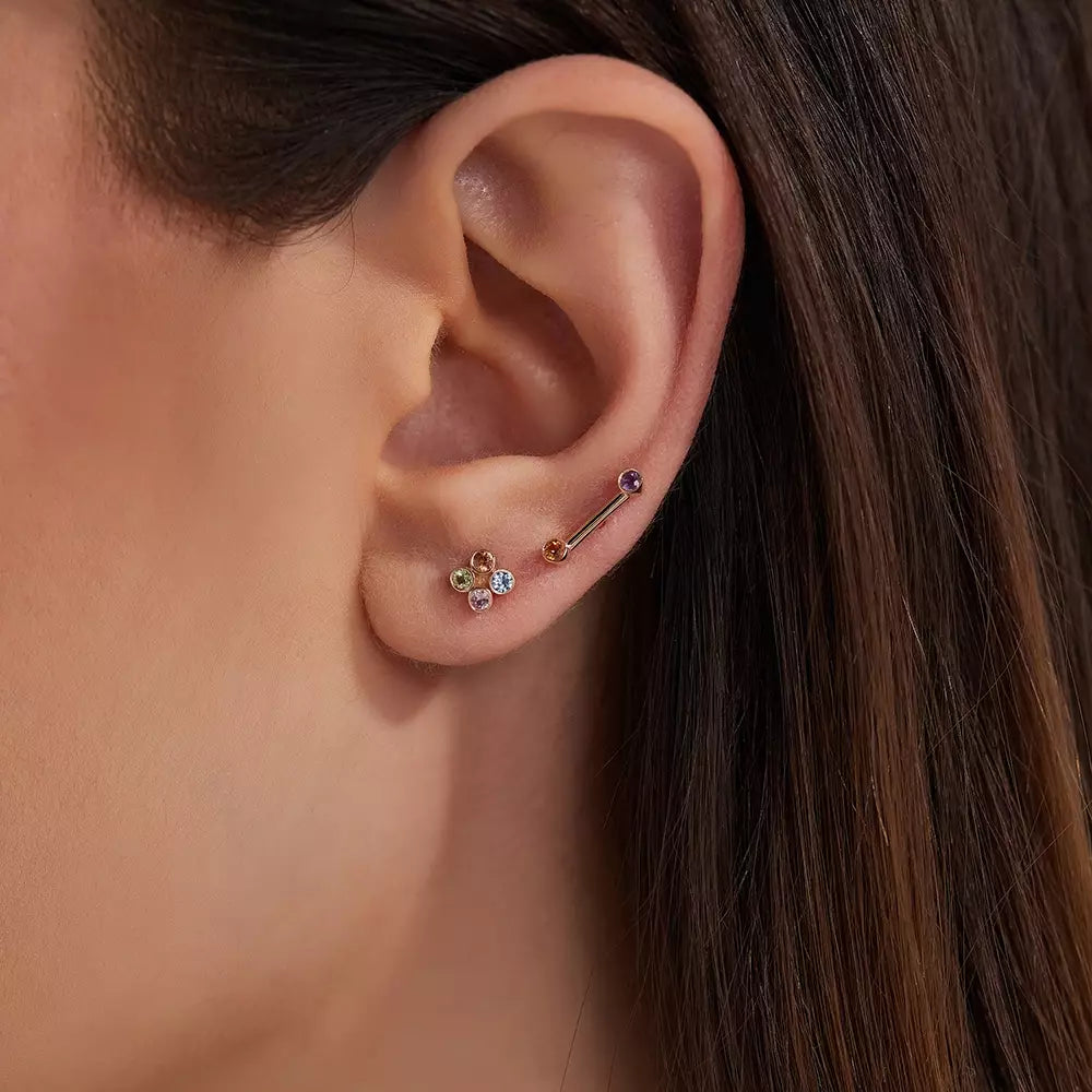 Dots Frame Multicolor Safir Taşlı Rose Altın Tek Küpe