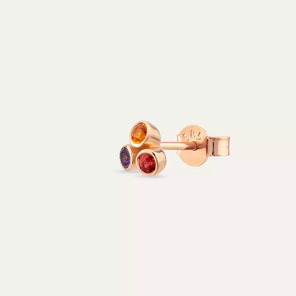 Blissy Orange, Red, Purple Safir Taşlı Rose Altın Tek Küpe