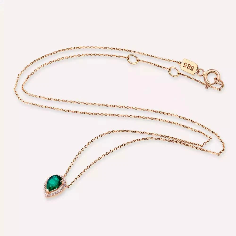 Blob Damla Kesim Zümrüt ve Pırlanta Taşlı Rose Altın Kolye