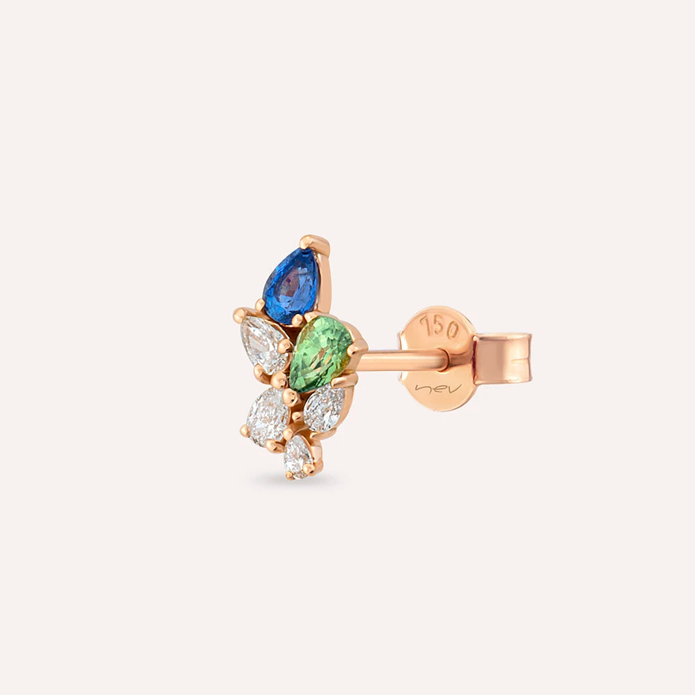 Bunch 0.54 CT Pırlanta ve Multicolor Safir Taşlı Rose Altın Tek Küpe