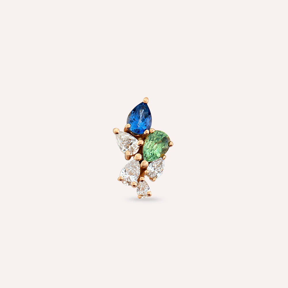 Bunch 0.54 CT Pırlanta ve Multicolor Safir Taşlı Rose Altın Tek Küpe